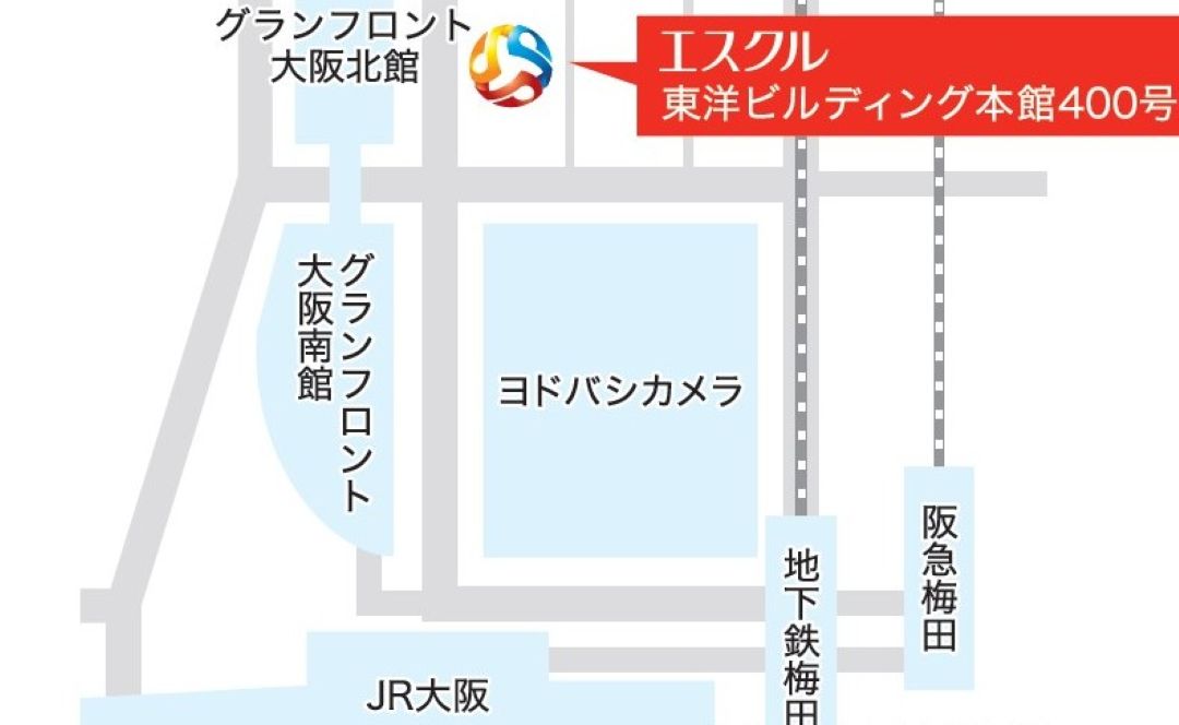 所在地の地図。グランフロント大阪北館の近く、東洋ビルディング本館400号